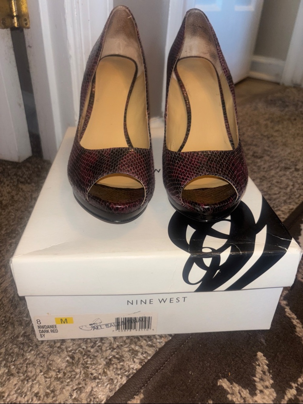 Nine West Dark Red Textured Peep-Toe Pumps